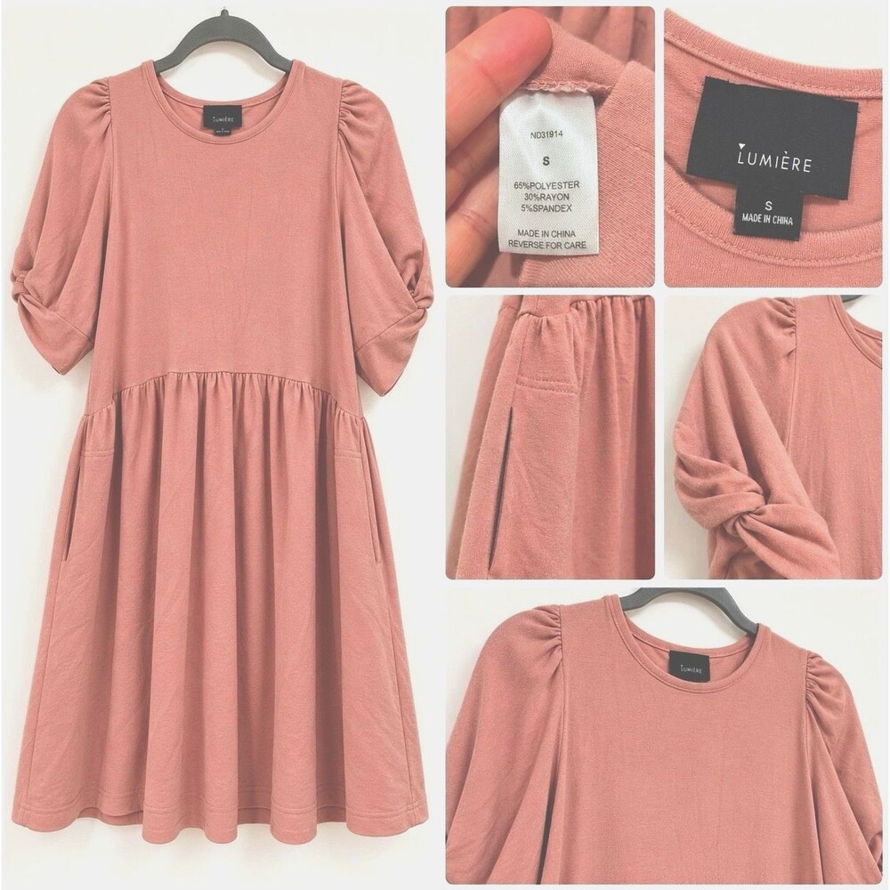 Lumiere Pink Knit Shift Dress Round Neck 3/4 Puff Sleeve Pockets Women’s S